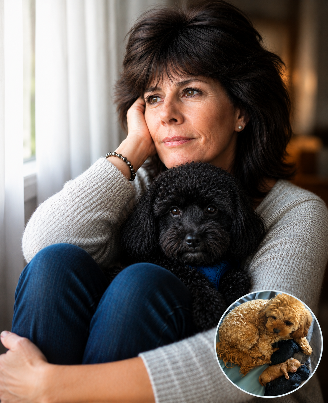 Helen Laurent holding a cavoodle puppy