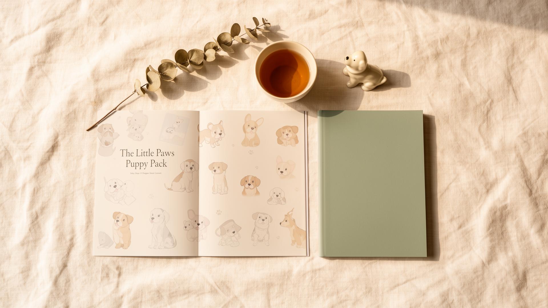 The Little Paws Puppy Pack — open booklet on cream linen with eucalyptus and tea